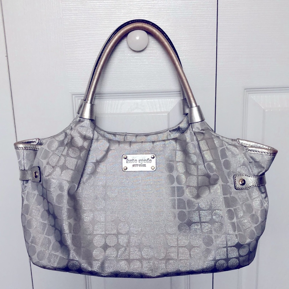 RARE Kate Spade Noel Stevie ShoulderBag polka dot lining Silver Leather trim